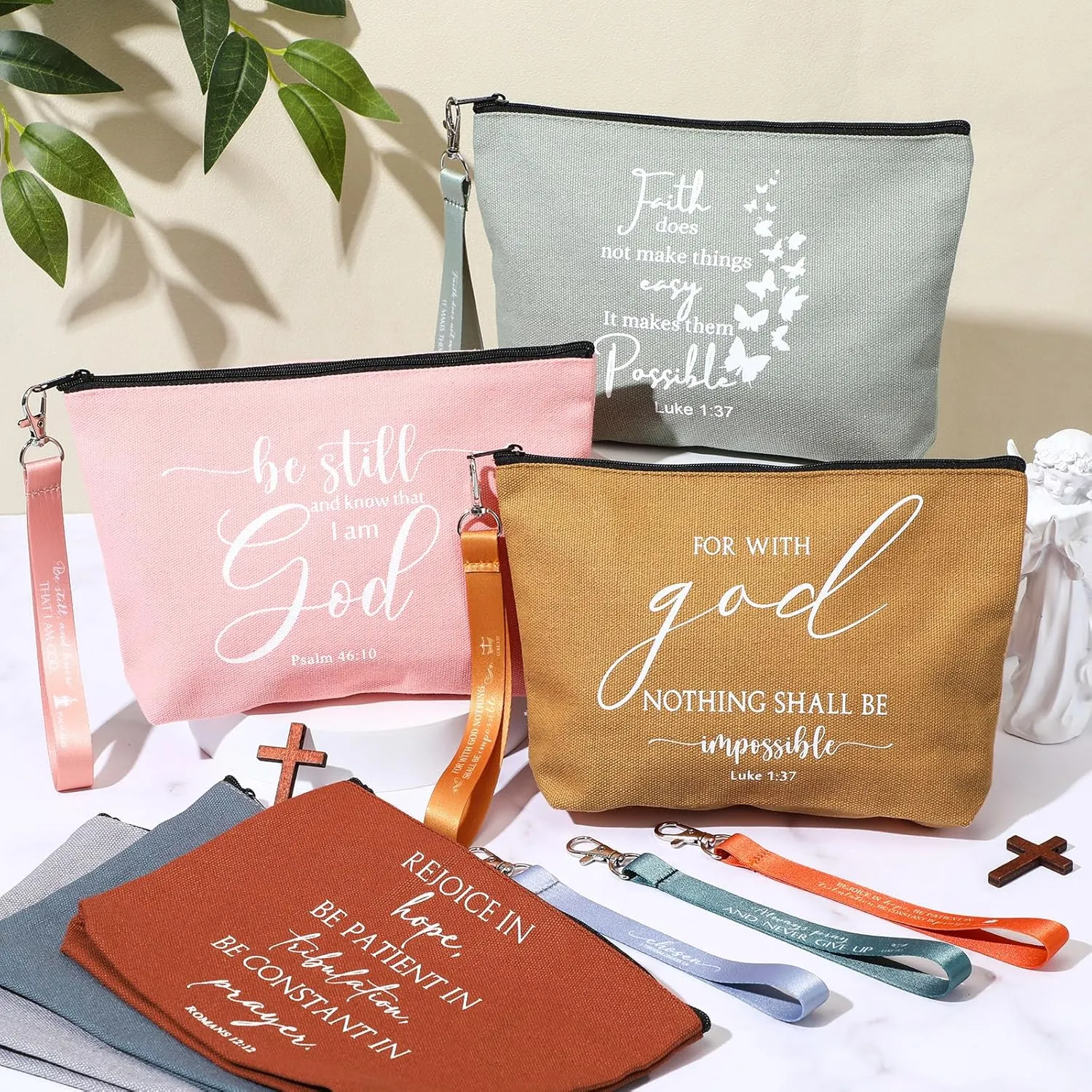 12 Pcs Fathers Day Christian Gift Bulk Religious Makeup Bag Bible Verse Lanyard Keychain for Women Men Church Nurse(Bright Colors,Inspirational Words)