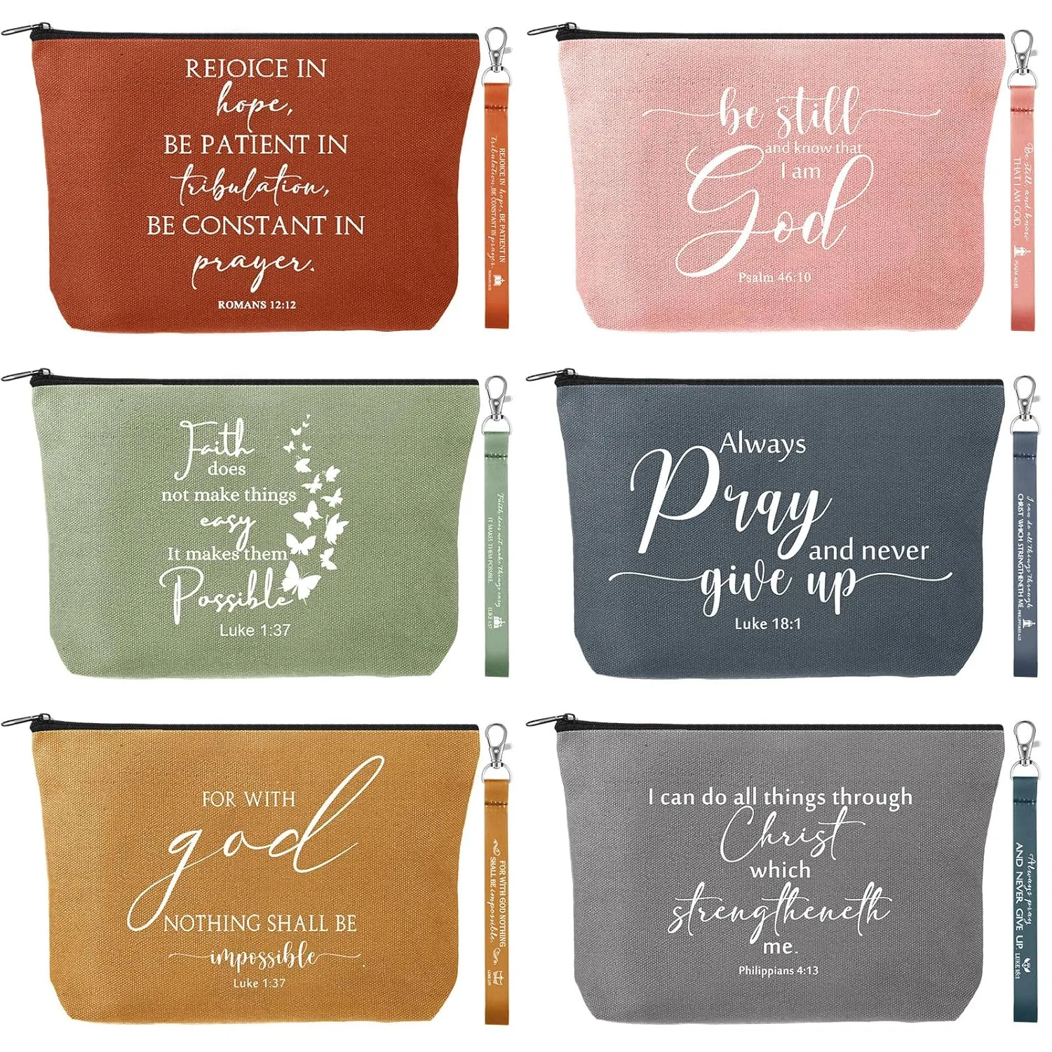 12 Pcs Fathers Day Christian Gift Bulk Religious Makeup Bag Bible Verse Lanyard Keychain for Women Men Church Nurse(Bright Colors,Inspirational Words)