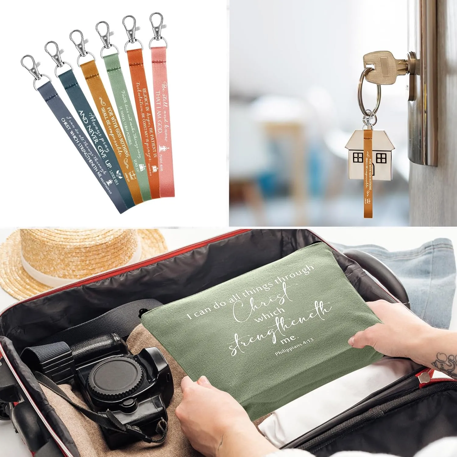 12 Pcs Fathers Day Christian Gift Bulk Religious Makeup Bag Bible Verse Lanyard Keychain for Women Men Church Nurse(Bright Colors,Inspirational Words)