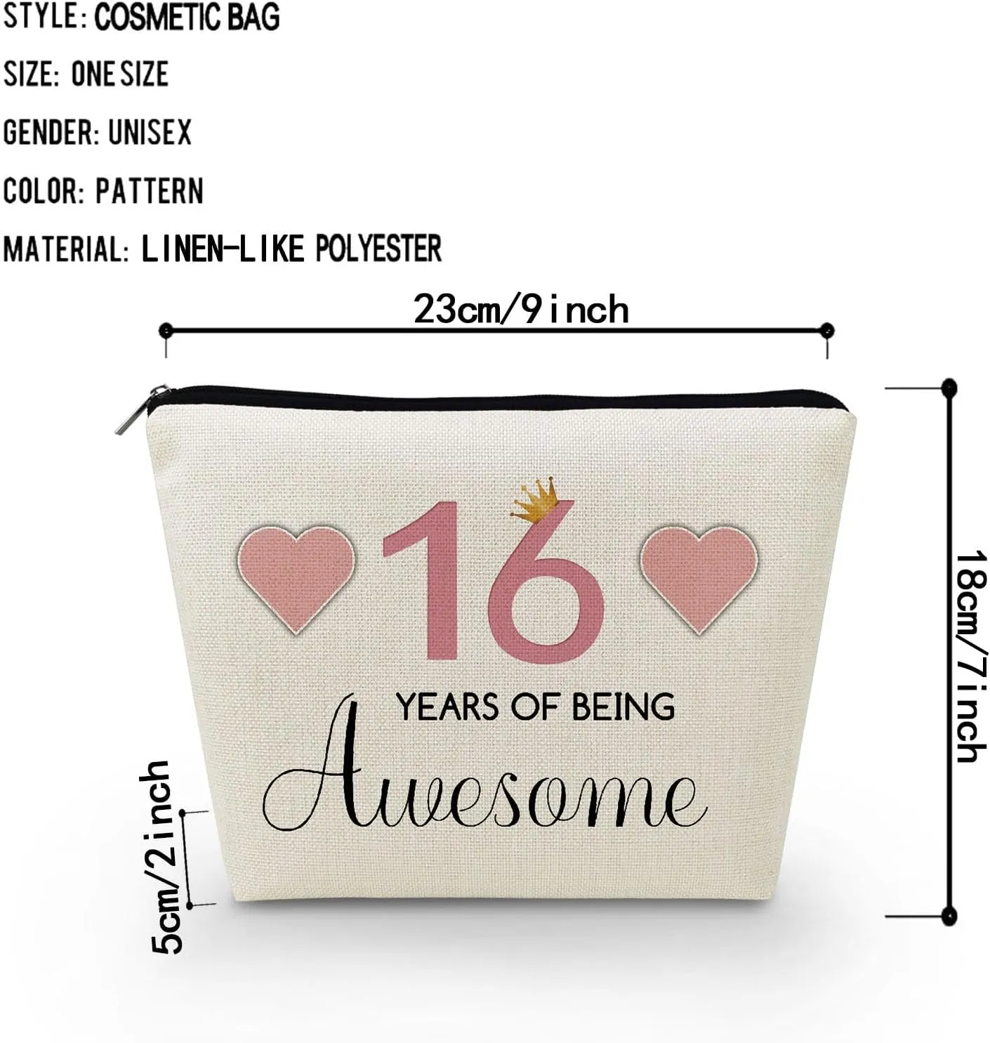 16th Birthday Gift Makeup Bag Cute Small Cosmetic Bag Travel Toiletry Zipper Pouch Happy Birthday Gift Pink 16 Awesome Makeup Bag for 16-Year-Old BFF Sisters Friends