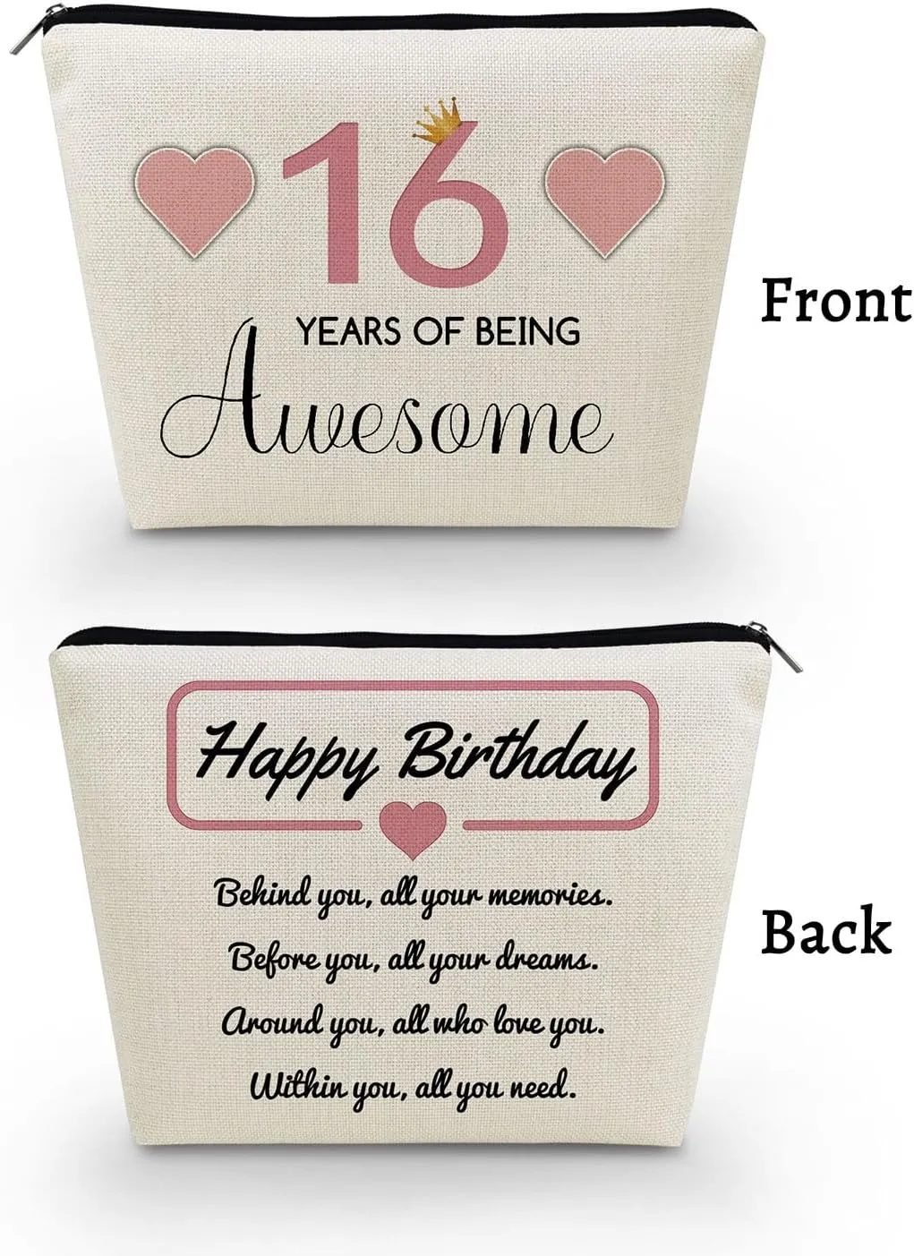 16th Birthday Gift Makeup Bag Cute Small Cosmetic Bag Travel Toiletry Zipper Pouch Happy Birthday Gift Pink 16 Awesome Makeup Bag for 16-Year-Old BFF Sisters Friends
