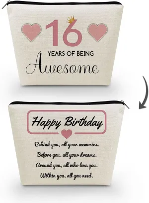 16th Birthday Gift Makeup Bag Cute Small Cosmetic Bag Travel Toiletry Zipper Pouch Happy Birthday Gift Pink 16 Awesome Makeup Bag for 16-Year-Old BFF Sisters Friends