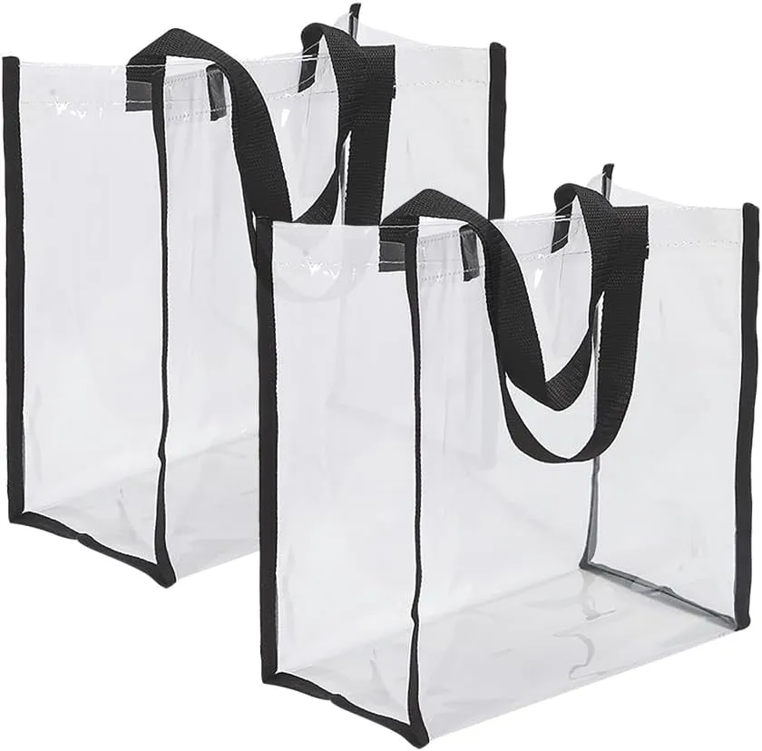 2 Pcs Clear Plastic Tote Bags Transparent Stadium Approved Bag See Through Handbags Concert Hand Bag Clear Large Gift Bags with Handles Party Favor Handbags for Wedding Baby Shower Birthday Black