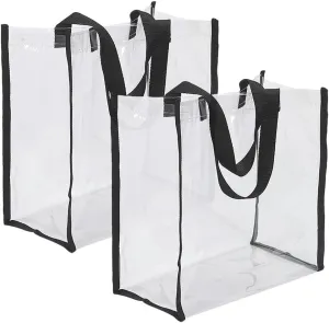 2 Pcs Clear Plastic Tote Bags Transparent Stadium Approved Bag See Through Handbags Concert Hand Bag Clear Large Gift Bags with Handles Party Favor Handbags for Wedding Baby Shower Birthday Black