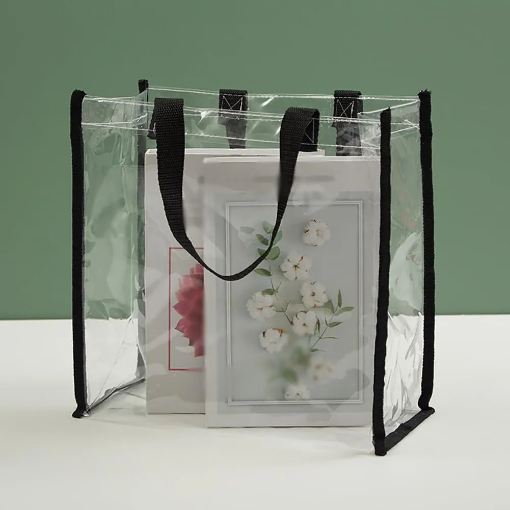 2 Pcs Clear Plastic Tote Bags Transparent Stadium Approved Bag See Through Handbags Concert Hand Bag Clear Large Gift Bags with Handles Party Favor Handbags for Wedding Baby Shower Birthday Black