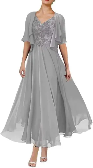 2 Piece Tea Length Mother of The Bride Dresses with Jacket A Line Formal Evening Gown with Pockets