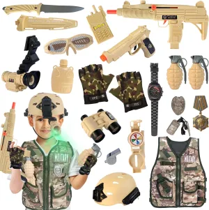 20 Piece Army Costume for Kids, Soldier Military Dress up for Boys 3-10, Kids Army Gear Role Play, Halloween Costume Camouflage Set with Vest, Camo Gloves, Helmet, Halloween Christmas Gift for Kids