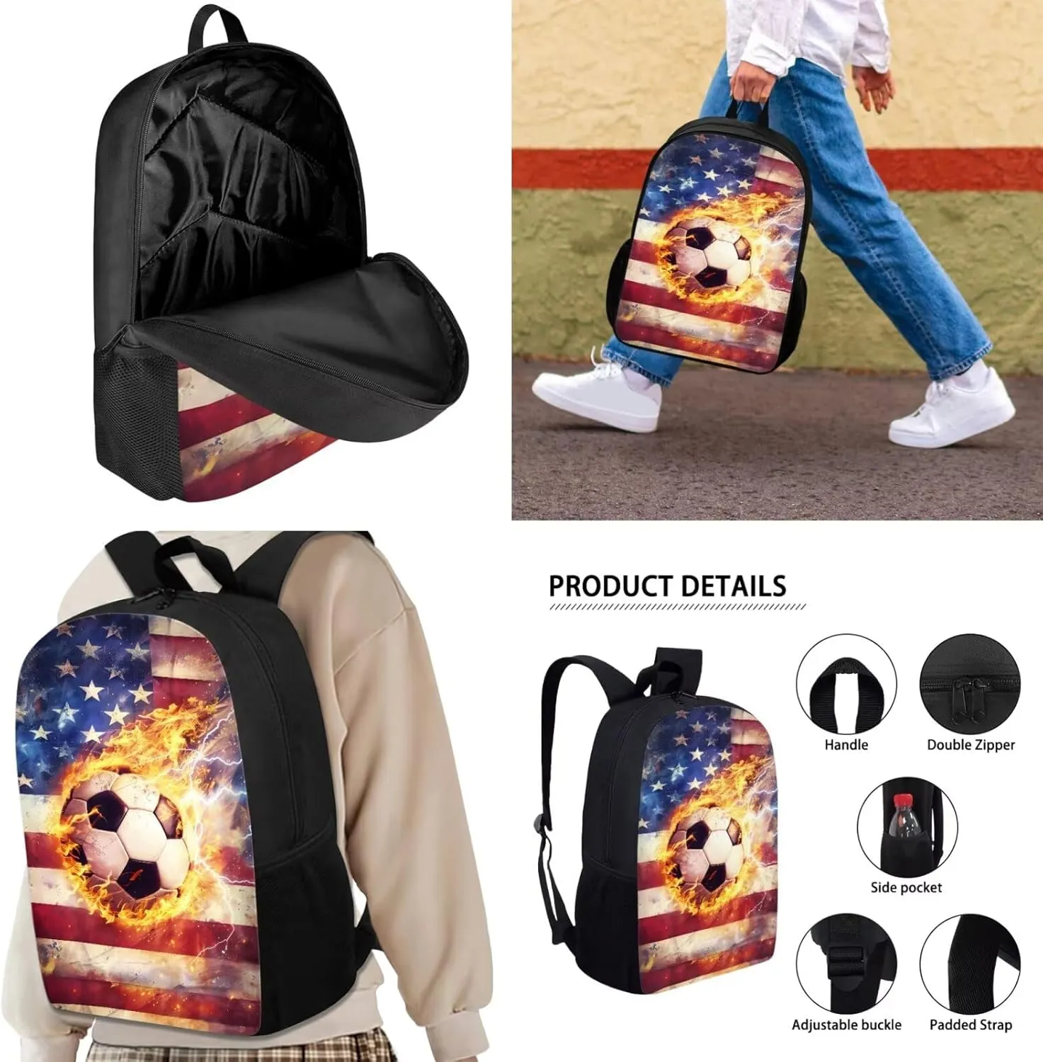 3 Piece Backpack Set for Boys Football Backpack Kids Bookbag with Lunch Box and Pen Case Large Capacity Pencil Case With Supplies Thermos Lunch Bag Large Bookbag