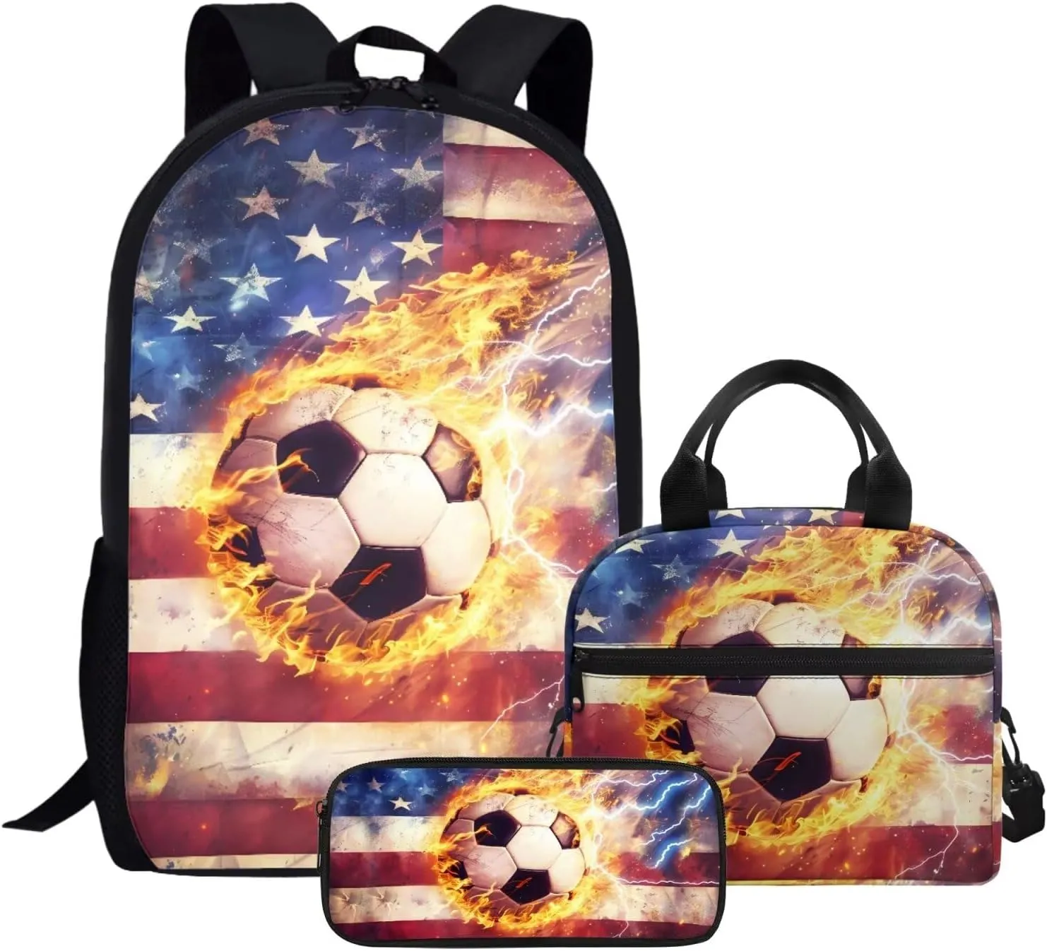 3 Piece Backpack Set for Boys Football Backpack Kids Bookbag with Lunch Box and Pen Case Large Capacity Pencil Case With Supplies Thermos Lunch Bag Large Bookbag