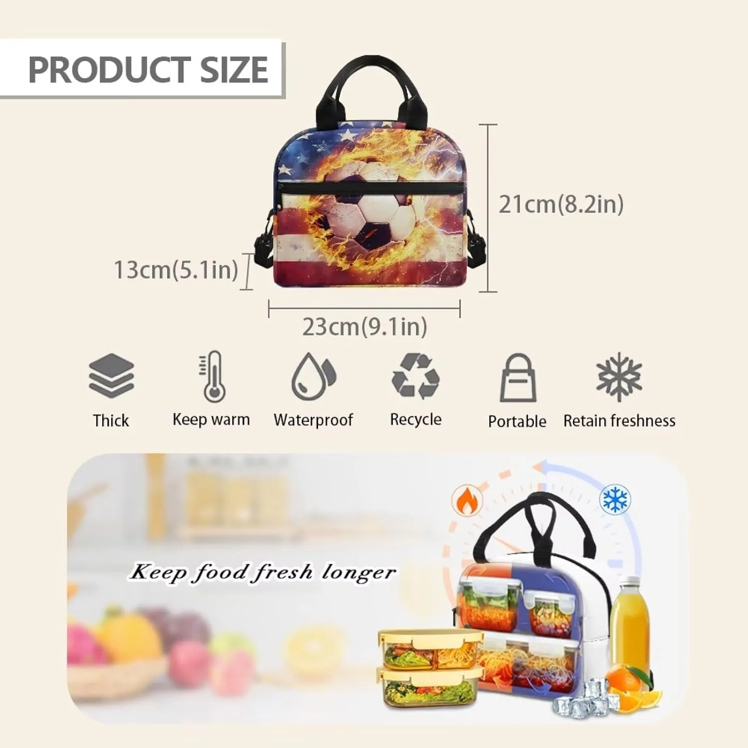 3 Piece Backpack Set for Boys Football Backpack Kids Bookbag with Lunch Box and Pen Case Large Capacity Pencil Case With Supplies Thermos Lunch Bag Large Bookbag
