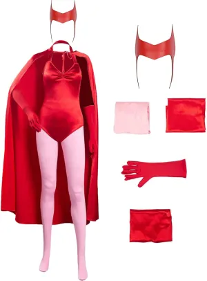 5Pcs Wanda Costume Women Witch Costume With Scarlet Bodysuit Cloak Headpiece Gloves Pant Halloween Cosplay Outfit
