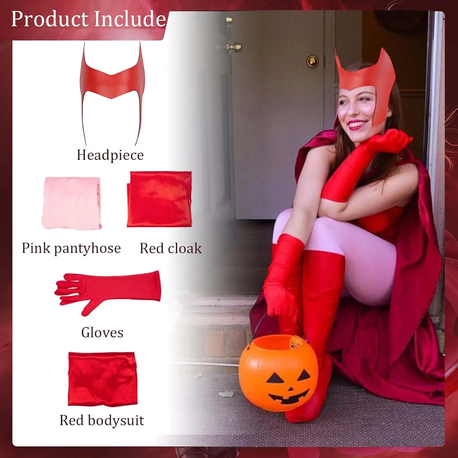 5Pcs Wanda Costume Women Witch Costume With Scarlet Bodysuit Cloak Headpiece Gloves Pant Halloween Cosplay Outfit