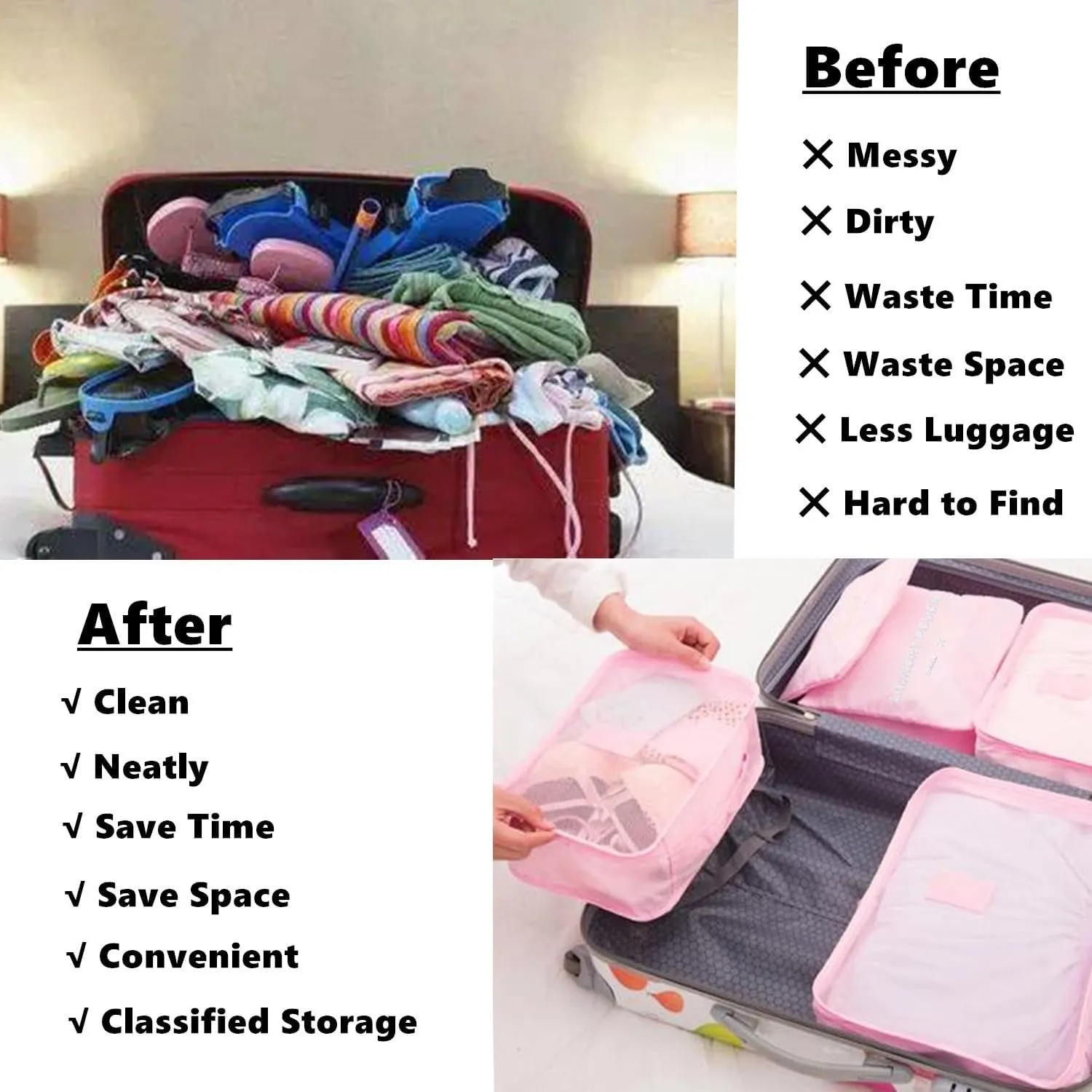 6 Pack Packing Cubes for Suitcases - Compression Luggage Packing Organizers with Laundry Pouch - Travel Storage Bags for Travel Accessories, Clothes, Cosmetics, Toiletries - Pink