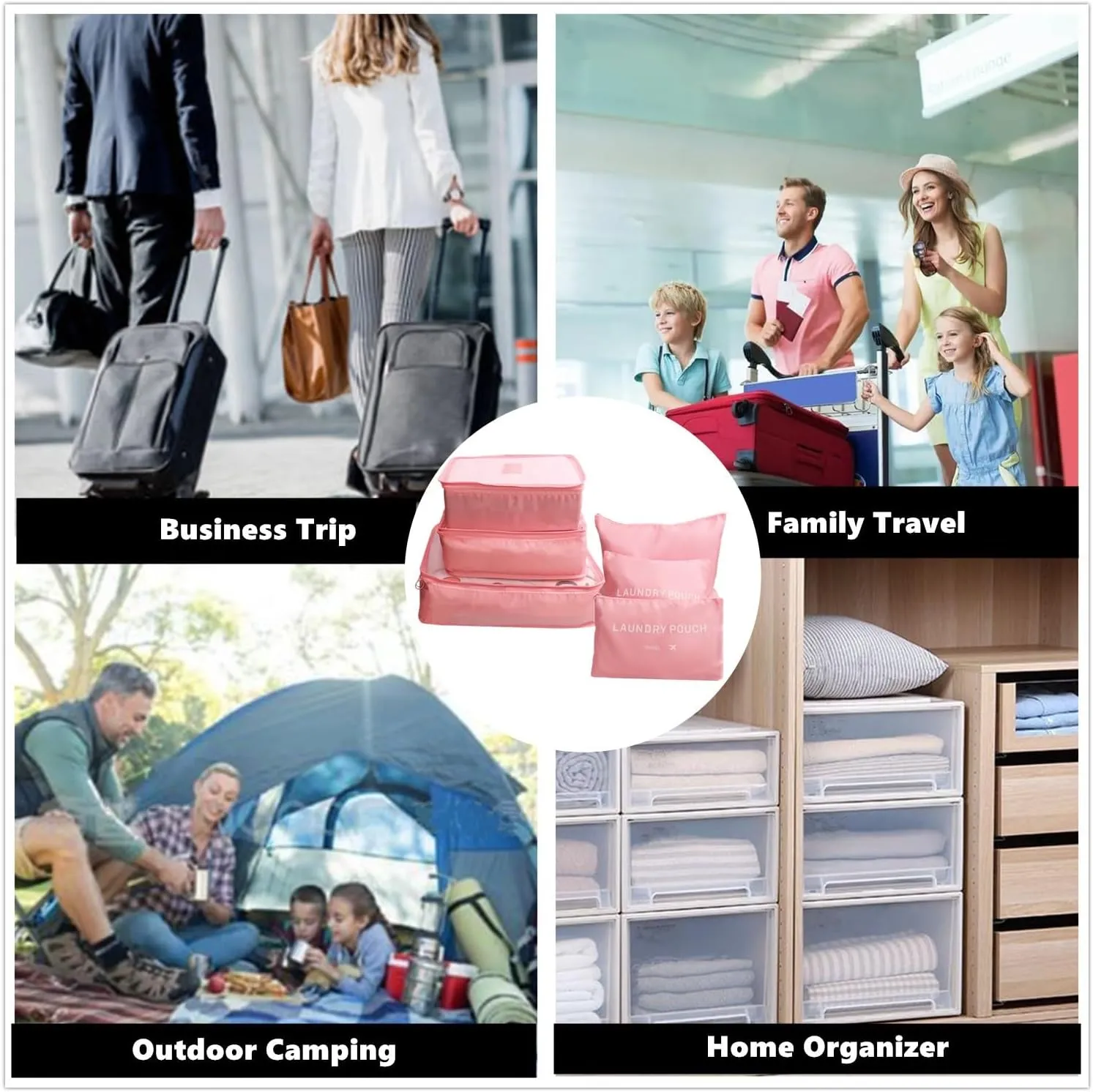 6 Pack Packing Cubes for Suitcases - Compression Luggage Packing Organizers with Laundry Pouch - Travel Storage Bags for Travel Accessories, Clothes, Cosmetics, Toiletries - Pink