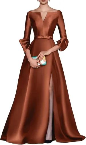 A Line Long Evening Gowns with Side Slit Satin V Neck Wedding Guest Dresses Long Sleeve Cocktail Party Dress