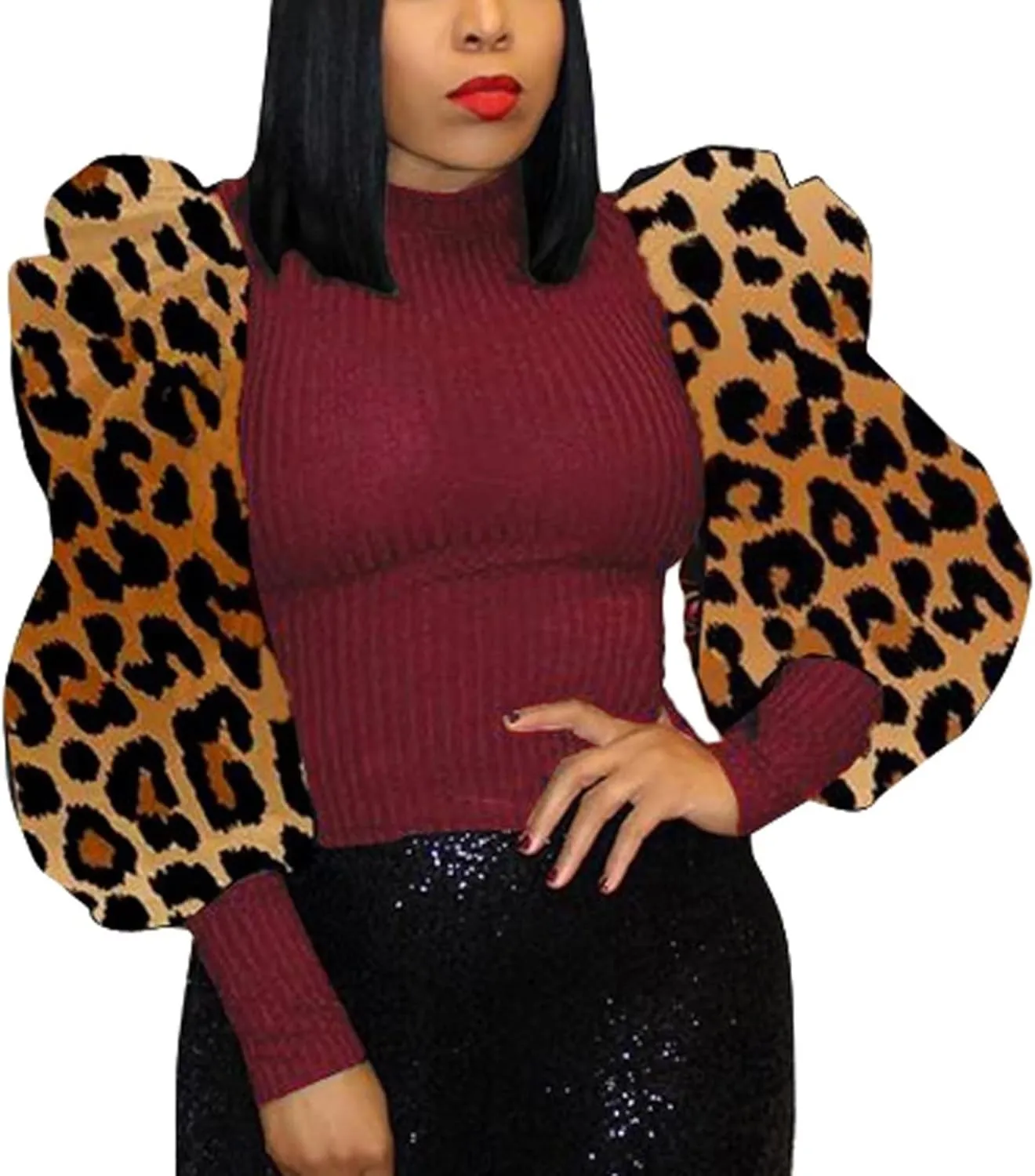 acelyn Women's Elegant Sequin Mesh Sheer Puff Long Sleeve Mock Neck Slim Fit Party Blouse Shirt Top