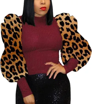 acelyn Women's Elegant Sequin Mesh Sheer Puff Long Sleeve Mock Neck Slim Fit Party Blouse Shirt Top