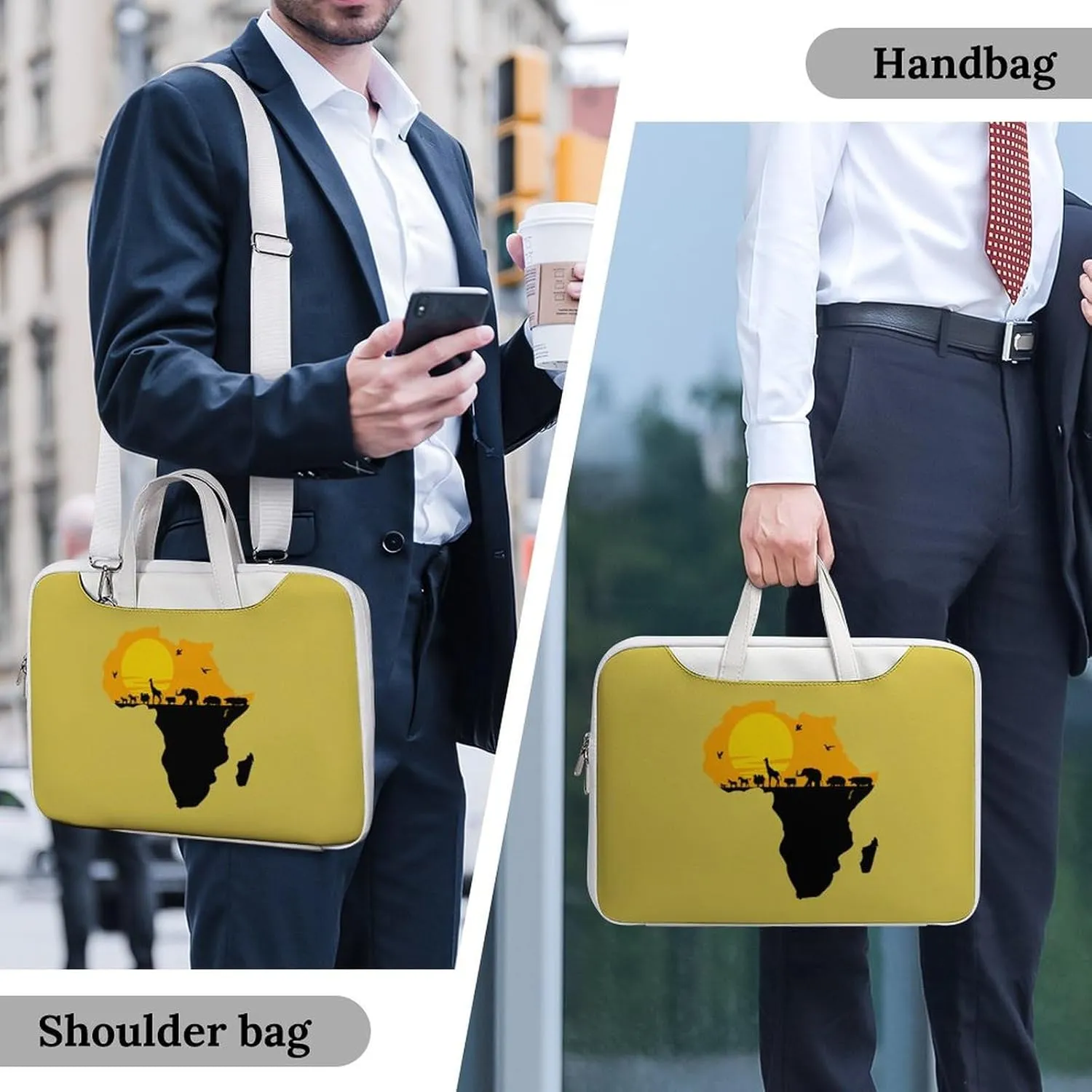 African Map with Wild Animals Leather Bag Laptop Case Slim Water Resistant Computer Bags with Handle Briefcase for Work