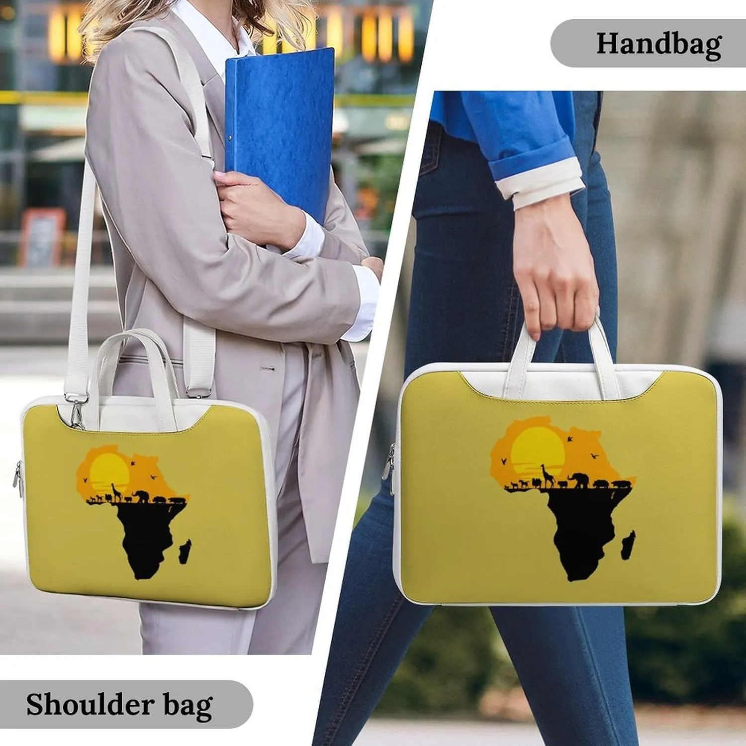 African Map with Wild Animals Leather Bag Laptop Case Slim Water Resistant Computer Bags with Handle Briefcase for Work