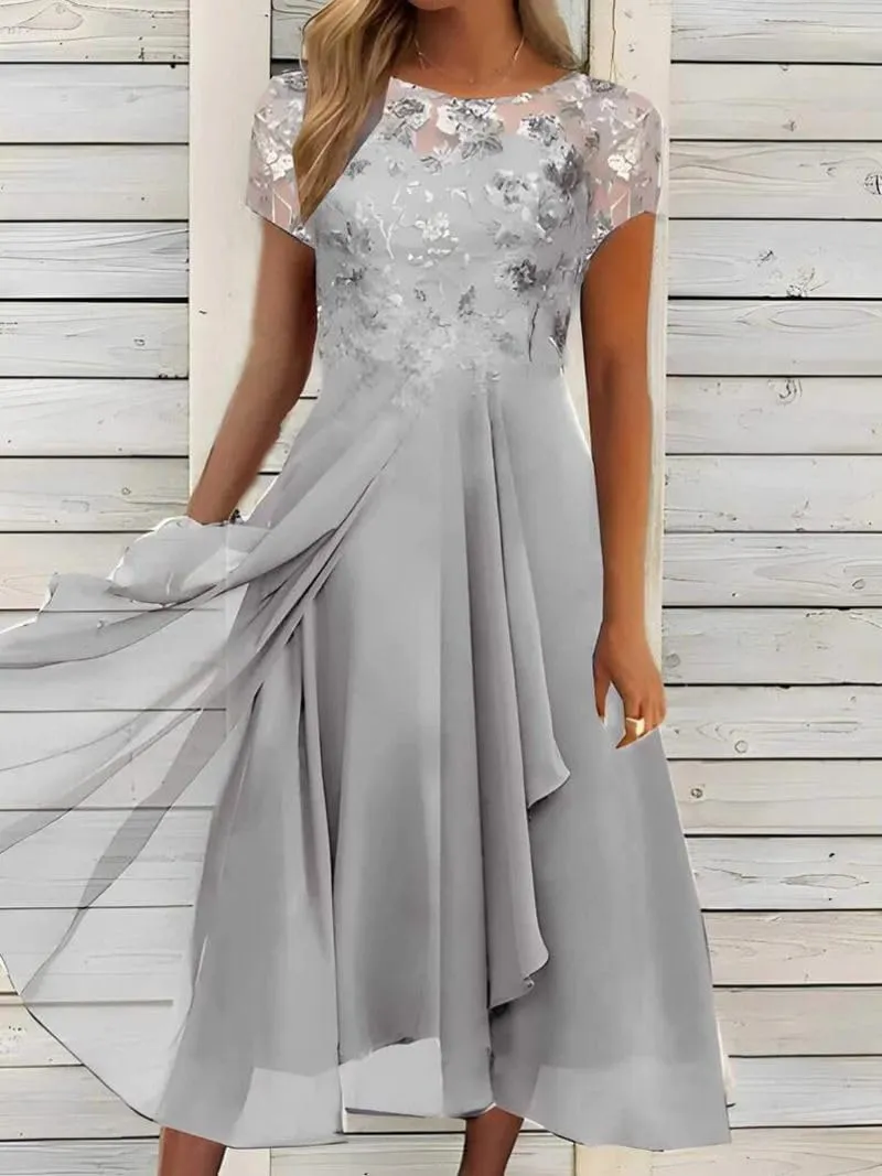 Akivide Women's Summer Chiffon Lace Maxi Dresses Short Sleeve Flowy Formal Evening Wedding Guest Dress