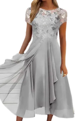 Akivide Women's Summer Chiffon Lace Maxi Dresses Short Sleeve Flowy Formal Evening Wedding Guest Dress