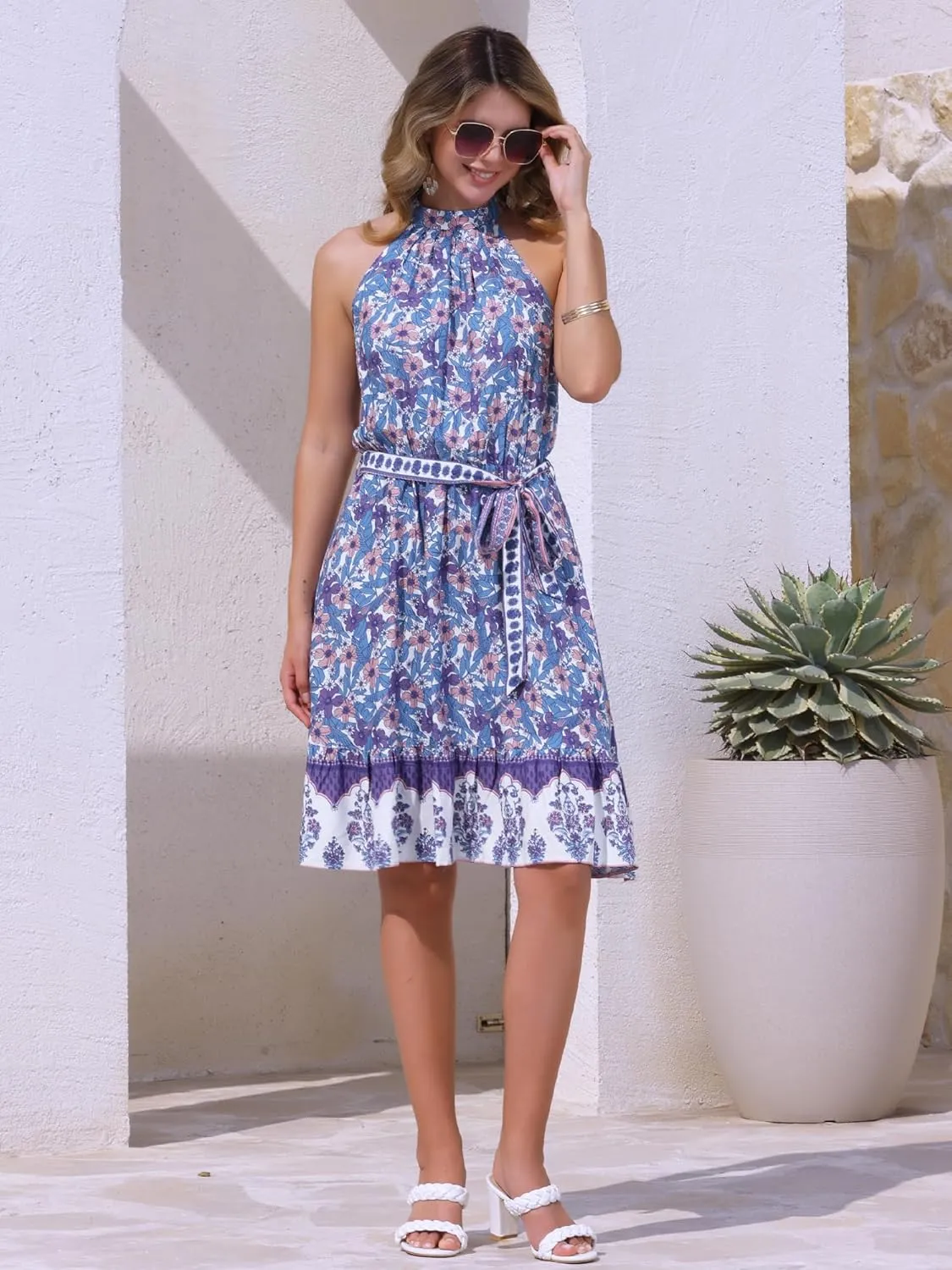 Allegra K Summer Dress 2025 for Women's Easter Halter Neck Sundress Belted Sleeveless Floral Boho Dress
