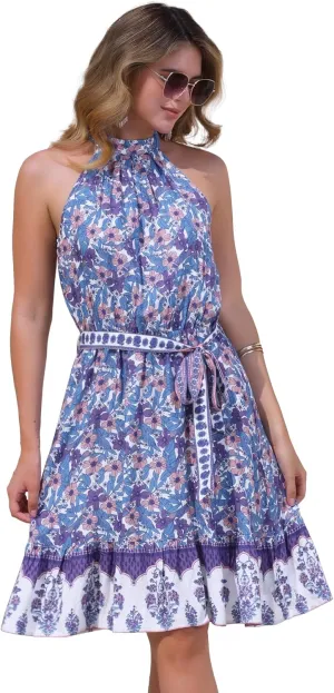 Allegra K Summer Dress 2025 for Women's Easter Halter Neck Sundress Belted Sleeveless Floral Boho Dress