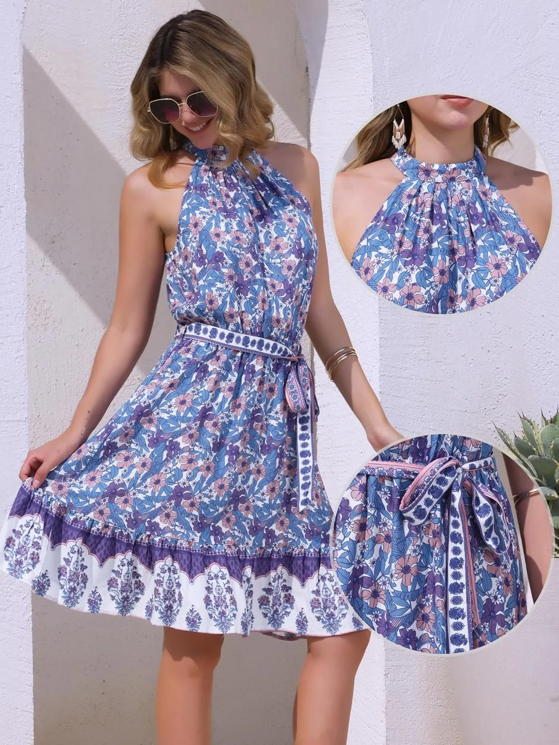 Allegra K Summer Dress 2025 for Women's Easter Halter Neck Sundress Belted Sleeveless Floral Boho Dress