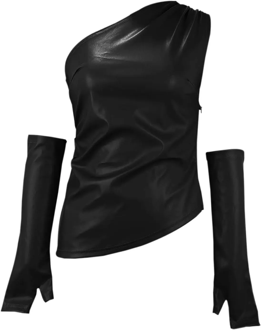 ANKOMINA Women's Sexy PU Leather One Shoulder Crop Tank Tops with Removable Long Gloves Party Club Camisole Streetwear
