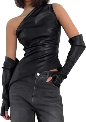 ANKOMINA Women's Sexy PU Leather One Shoulder Crop Tank Tops with Removable Long Gloves Party Club Camisole Streetwear