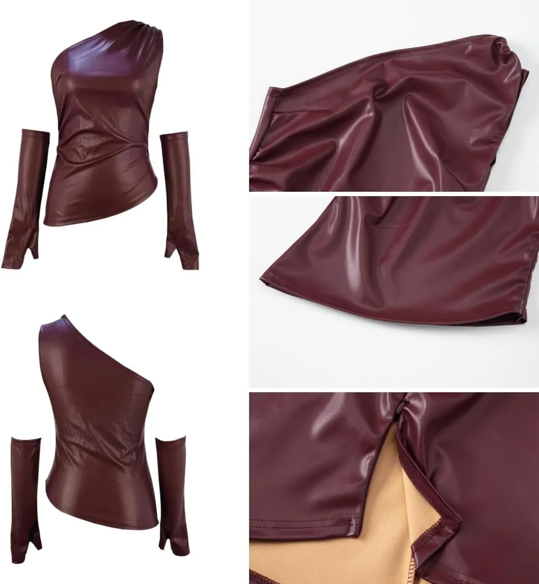 ANKOMINA Women's Sexy PU Leather One Shoulder Crop Tank Tops with Removable Long Gloves Party Club Camisole Streetwear
