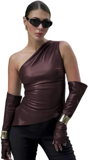 ANKOMINA Women's Sexy PU Leather One Shoulder Crop Tank Tops with Removable Long Gloves Party Club Camisole Streetwear