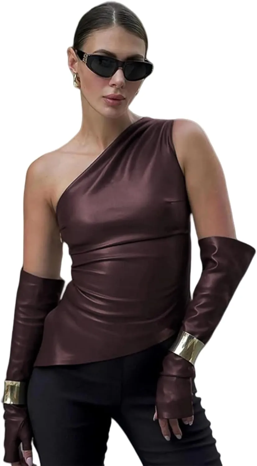 ANKOMINA Women's Sexy PU Leather One Shoulder Crop Tank Tops with Removable Long Gloves Party Club Camisole Streetwear