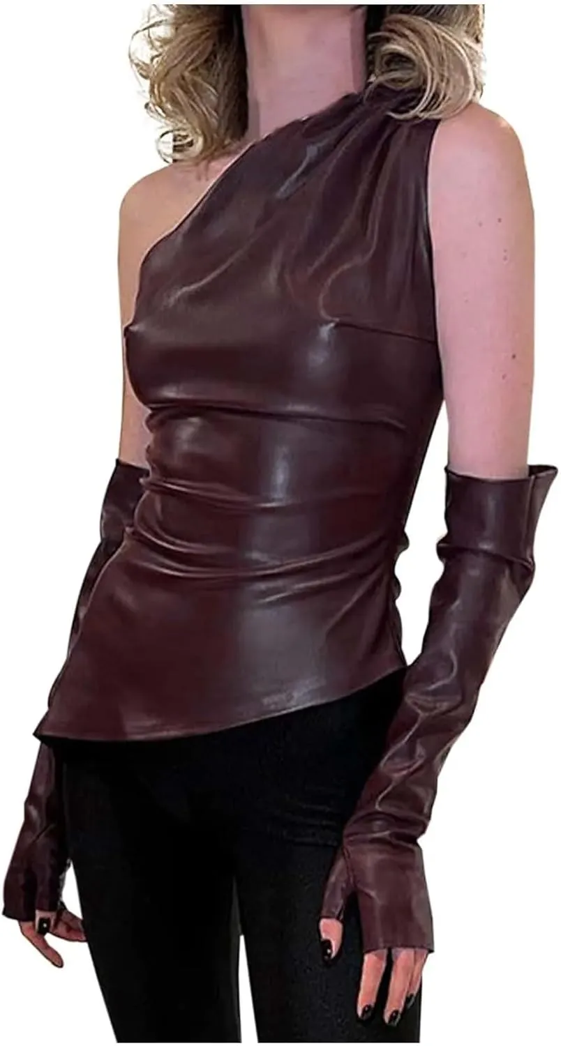 ANKOMINA Women's Sexy PU Leather One Shoulder Crop Tank Tops with Removable Long Gloves Party Club Camisole Streetwear