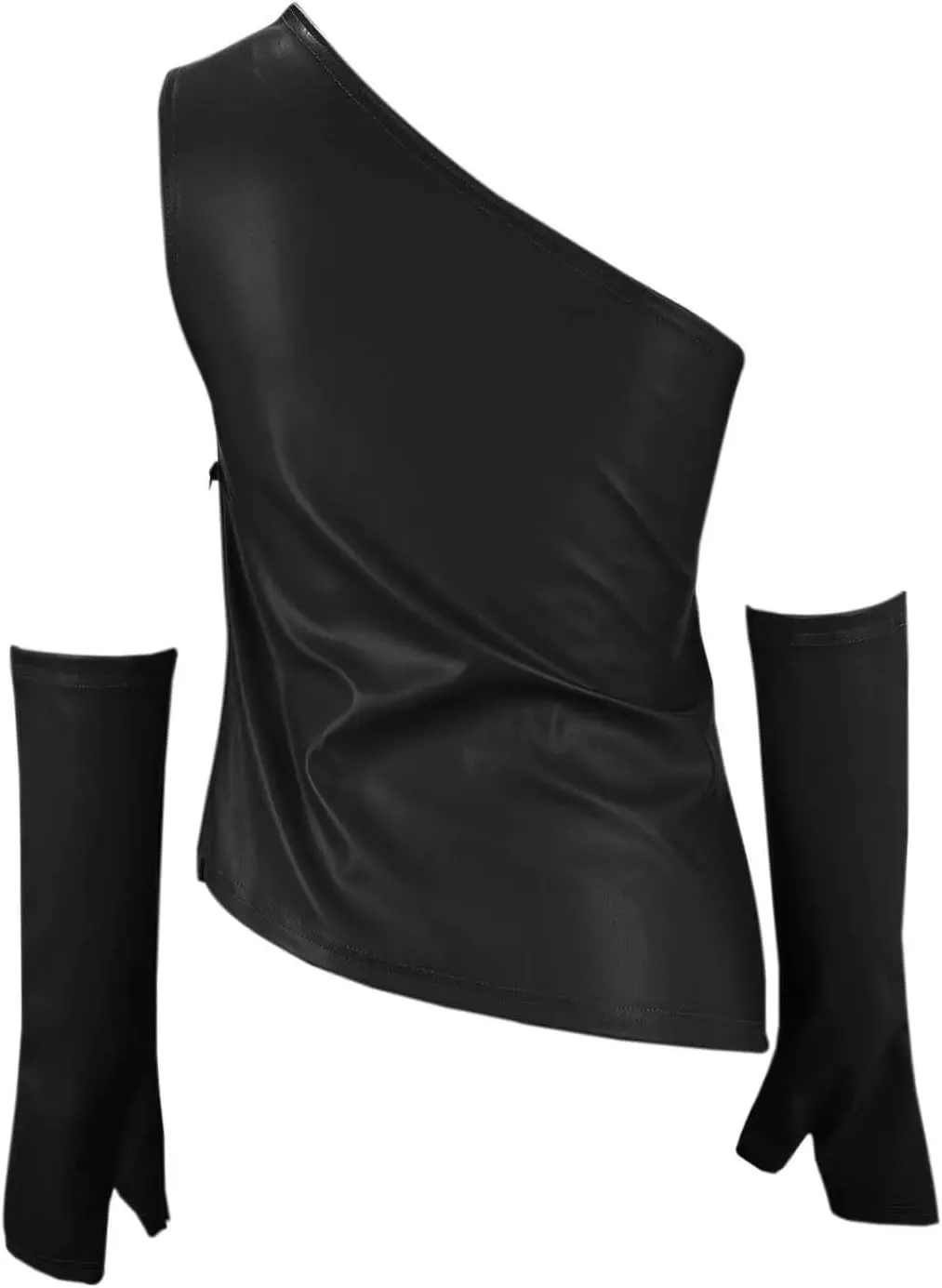 ANKOMINA Women's Sexy PU Leather One Shoulder Crop Tank Tops with Removable Long Gloves Party Club Camisole Streetwear