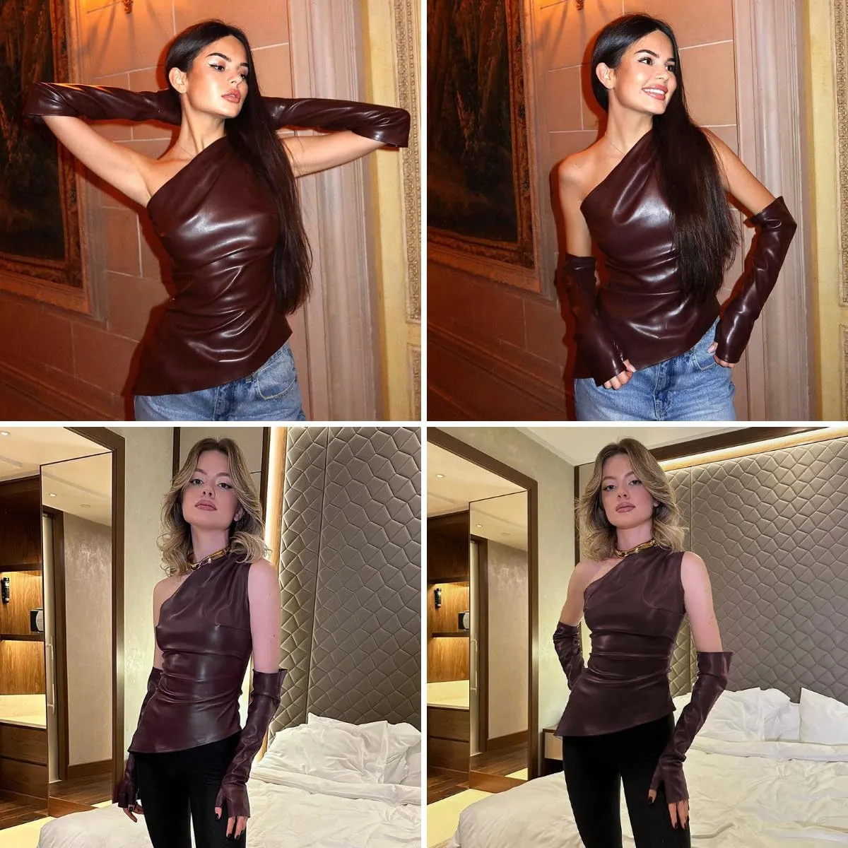 ANKOMINA Women's Sexy PU Leather One Shoulder Crop Tank Tops with Removable Long Gloves Party Club Camisole Streetwear