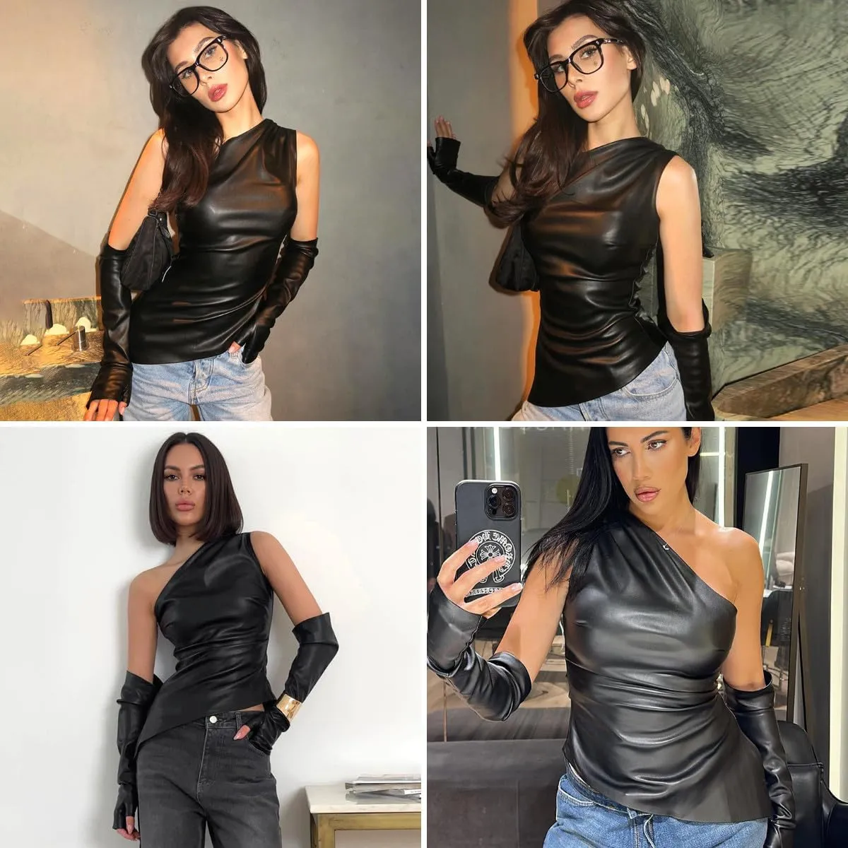 ANKOMINA Women's Sexy PU Leather One Shoulder Crop Tank Tops with Removable Long Gloves Party Club Camisole Streetwear