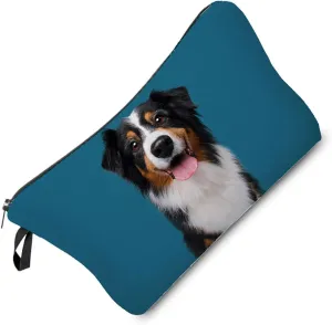 Australian Shepherd Makeup Bag Blue Background Puppy Organizer Zipper Pouch Australian Shepherd Cosmetic Bag Present for Dog Lovers Dog Mom Women