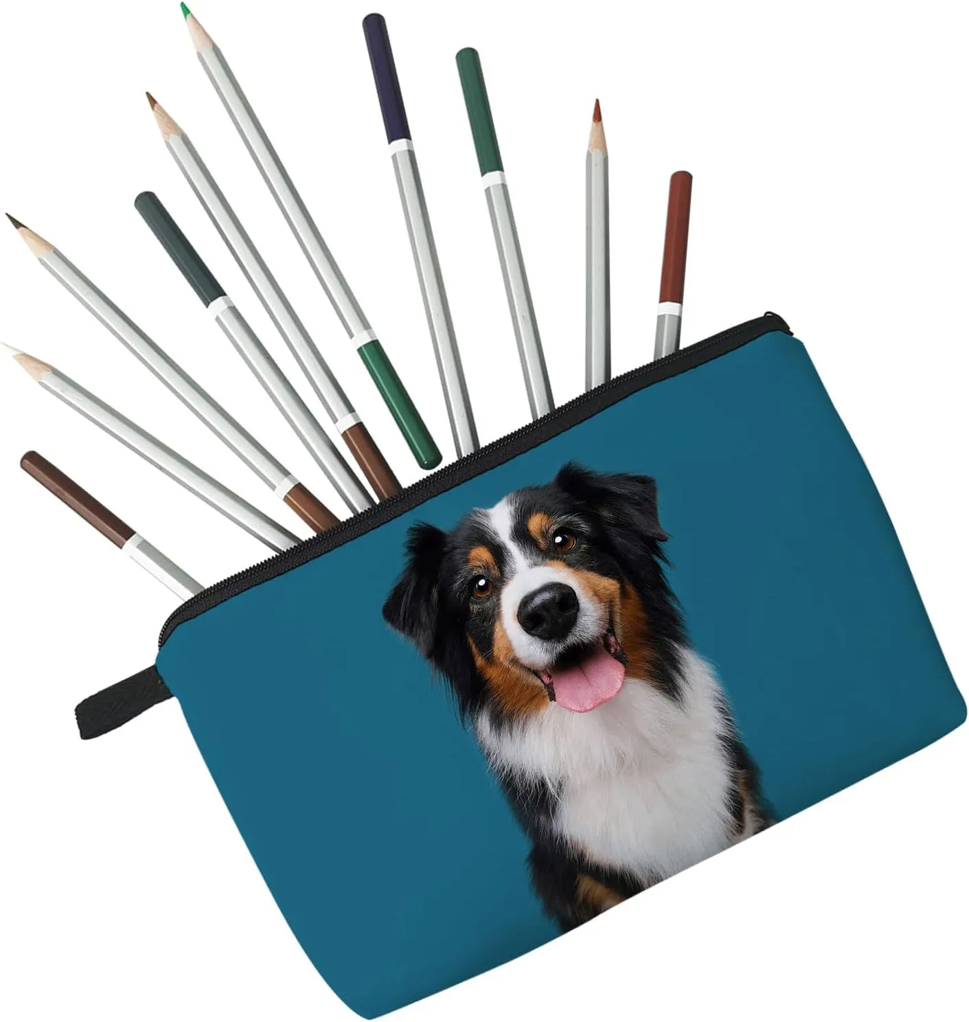 Australian Shepherd Makeup Bag Blue Background Puppy Organizer Zipper Pouch Australian Shepherd Cosmetic Bag Present for Dog Lovers Dog Mom Women