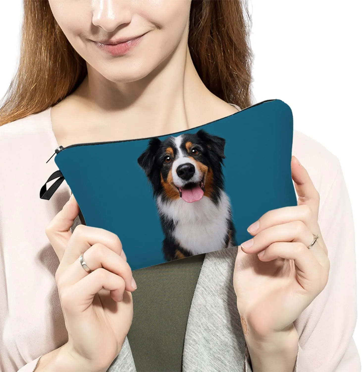 Australian Shepherd Makeup Bag Blue Background Puppy Organizer Zipper Pouch Australian Shepherd Cosmetic Bag Present for Dog Lovers Dog Mom Women