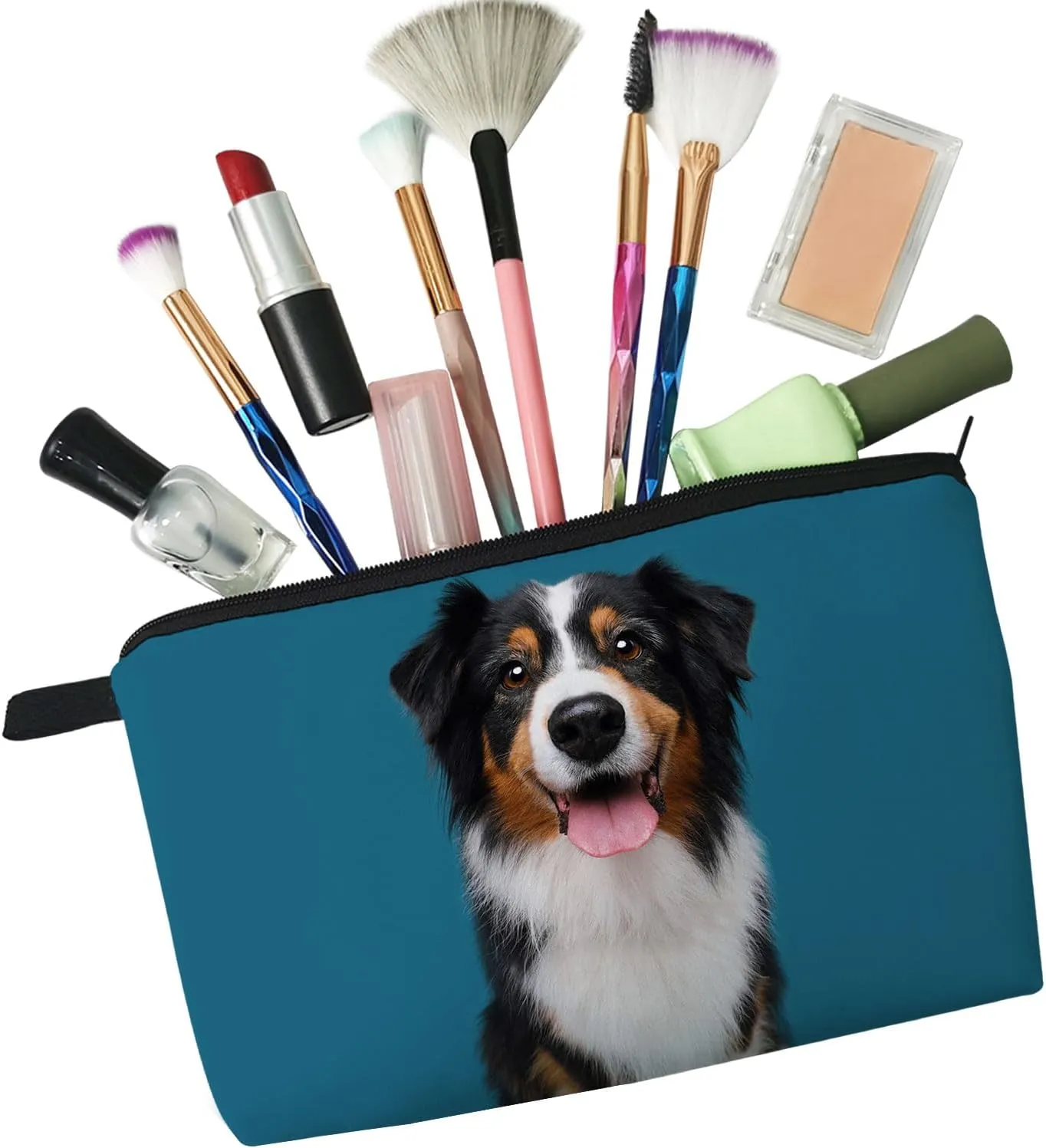 Australian Shepherd Makeup Bag Blue Background Puppy Organizer Zipper Pouch Australian Shepherd Cosmetic Bag Present for Dog Lovers Dog Mom Women