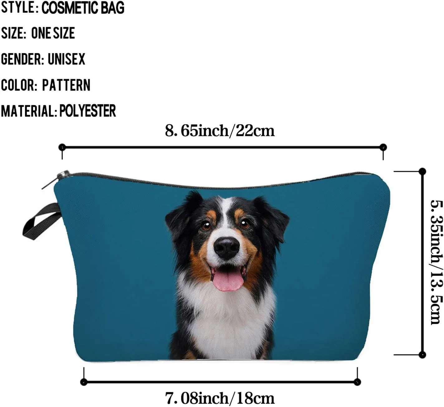 Australian Shepherd Makeup Bag Blue Background Puppy Organizer Zipper Pouch Australian Shepherd Cosmetic Bag Present for Dog Lovers Dog Mom Women