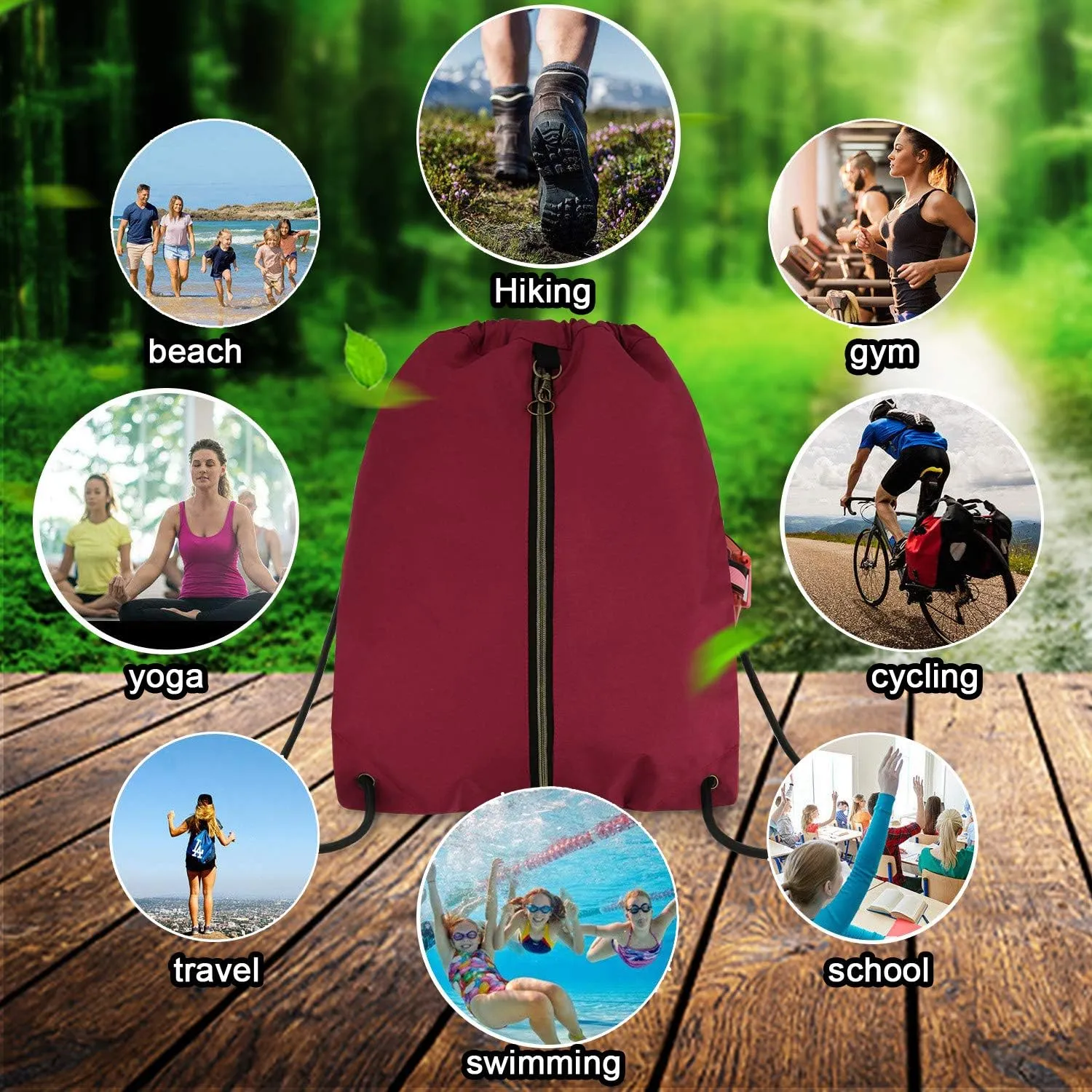 BeeGreen Drawstring Backpack Sports Gym Bag With Shoe Compartment and Two Water Bottle Holder 