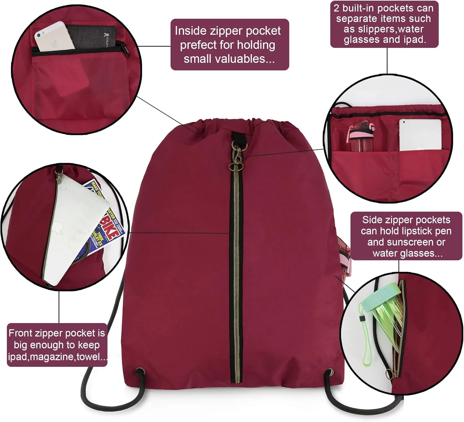BeeGreen Drawstring Backpack Sports Gym Bag With Shoe Compartment and Two Water Bottle Holder 