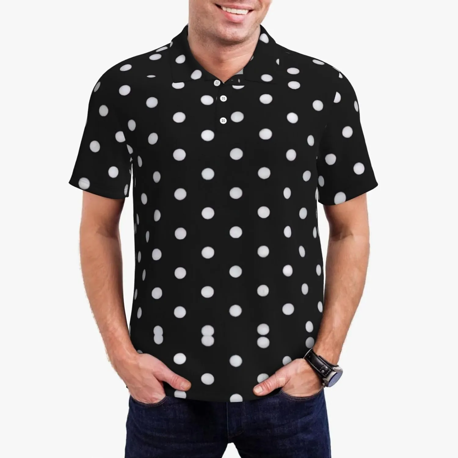 Black and White Polka Dot Print Men's Polo Shirts Short Sleeve,Stylish Polo T-Shirts for Men,for Golf and Casual Wear
