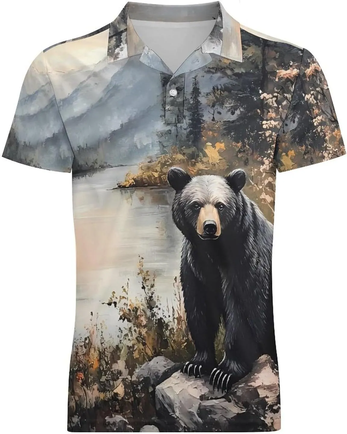 Black Bear Autumn Lakeside Men's Polo-Shirt Regular-Fit Short Sleeve Sports Quick Dry Golf Tennis T-Shirt