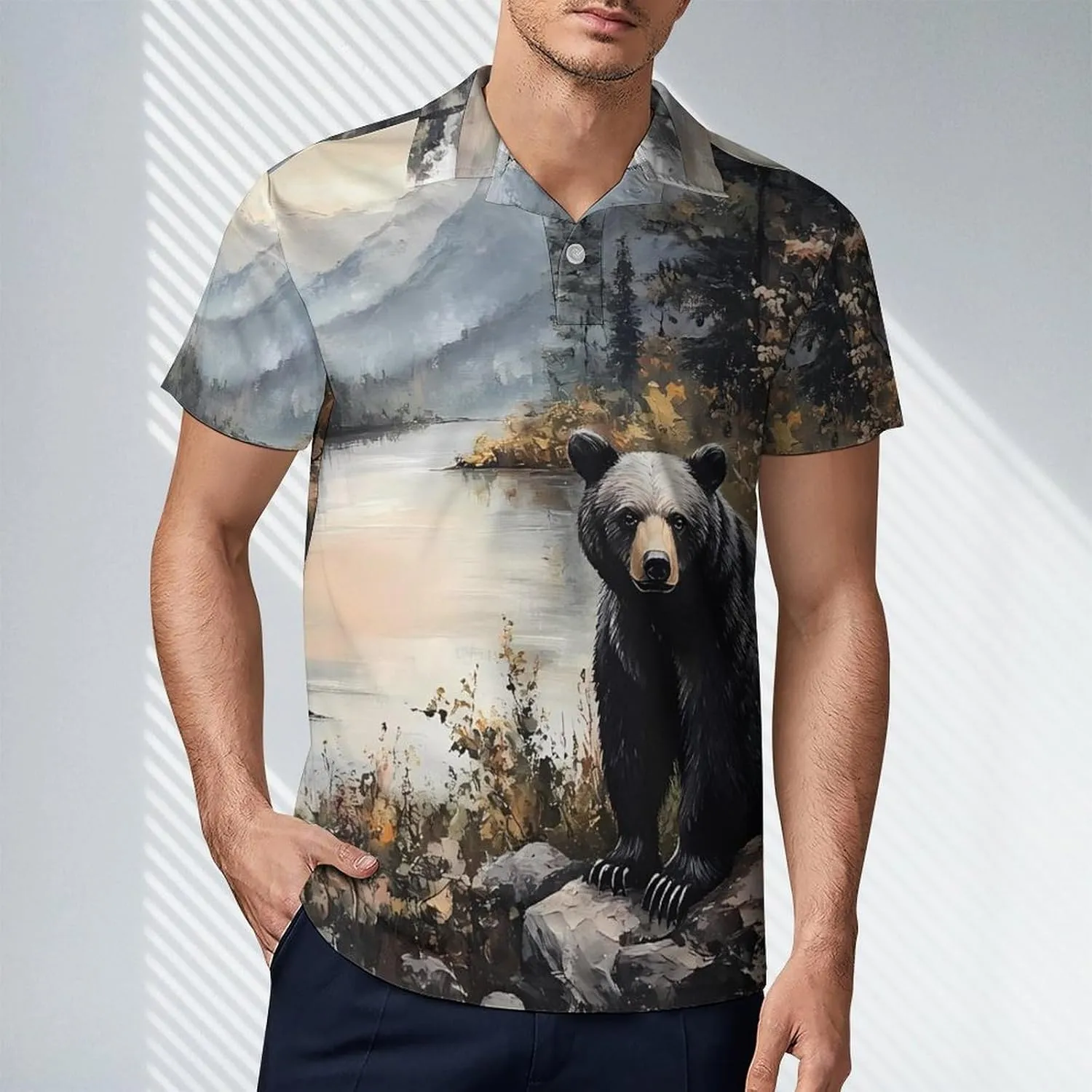Black Bear Autumn Lakeside Men's Polo-Shirt Regular-Fit Short Sleeve Sports Quick Dry Golf Tennis T-Shirt