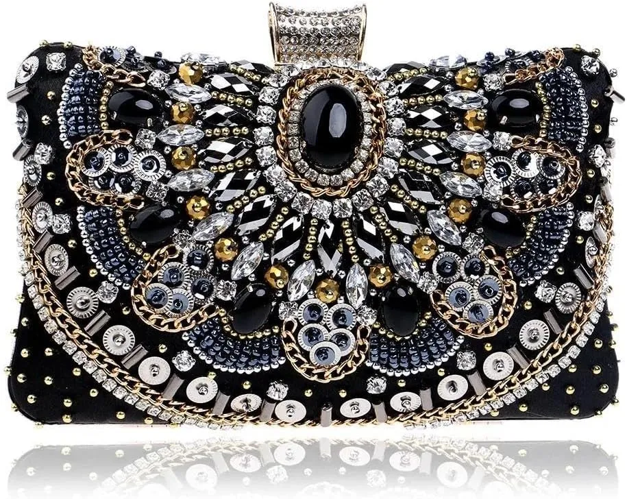 Black Women Clutches Pearls Crystal Rhinestone Evening Handbag Chain Strap Shoulder Bag for Women