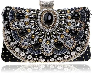 Black Women Clutches Pearls Crystal Rhinestone Evening Handbag Chain Strap Shoulder Bag for Women