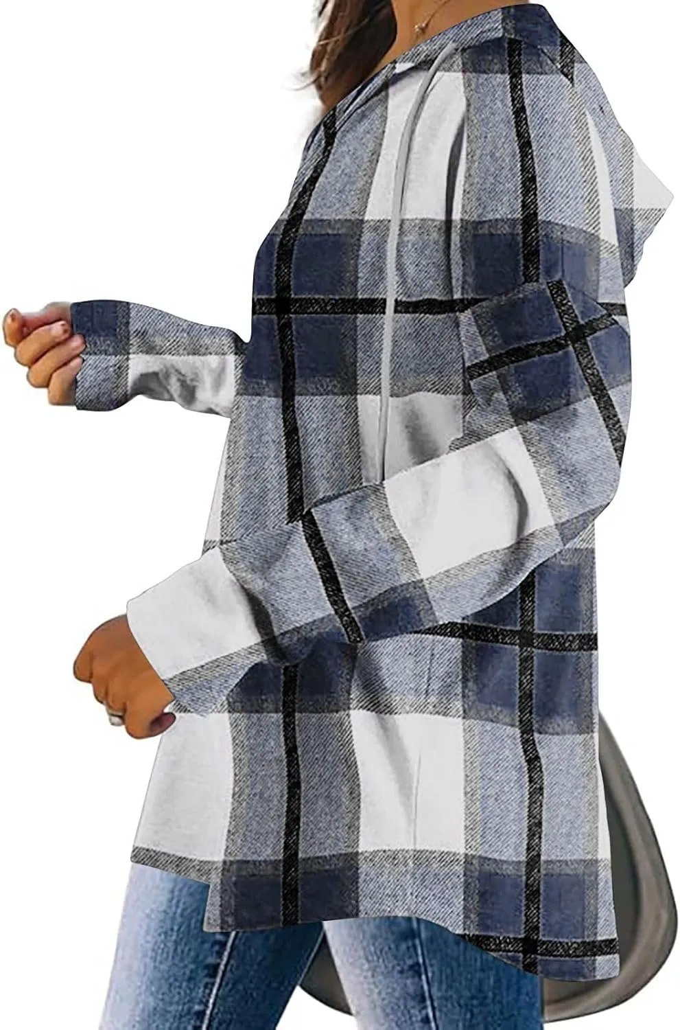 Blouses for Women Dressy Casual Plaid Shirts V Neck Hooded Sweatshirt Drawstring Hoodie Long Sleeve Pullover Tops